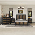 Collection de chambre à coucher 4 pièces, lit plateforme de ferme double avec décoration de bandes en bois, table de chevet et commode de rangement