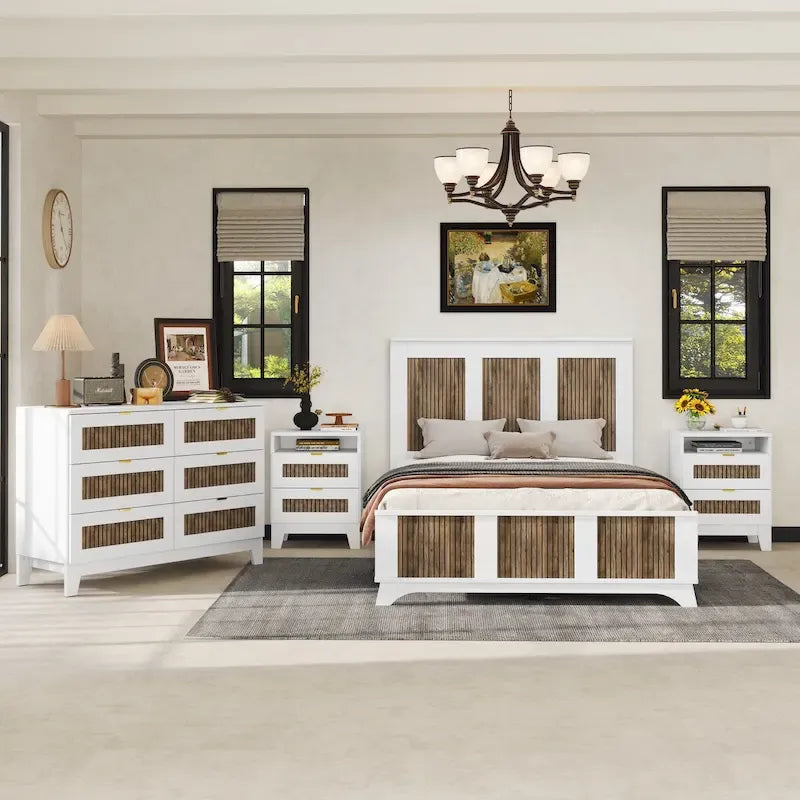 Collection de chambre à coucher 4 pièces, lit plateforme de ferme double avec décoration de bandes en bois, table de chevet et commode de rangement