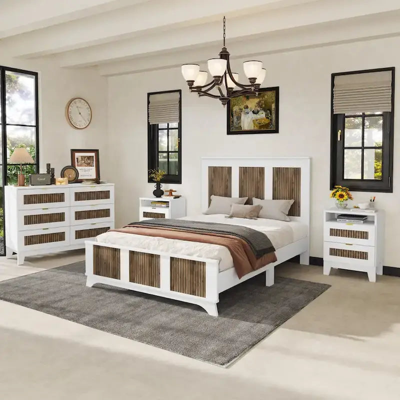 Collection de chambre à coucher 4 pièces, lit plateforme de ferme double avec décoration de bandes en bois, table de chevet et commode de rangement