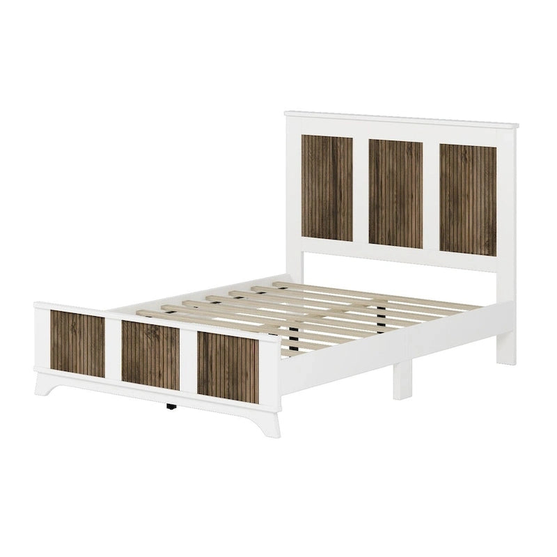 Collection de chambre à coucher 4 pièces, lit plateforme de ferme double avec décoration de bandes en bois, table de chevet et commode de rangement