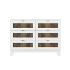Collection de chambre à coucher 4 pièces, lit plateforme de ferme double avec décoration de bandes en bois, table de chevet et commode de rangement