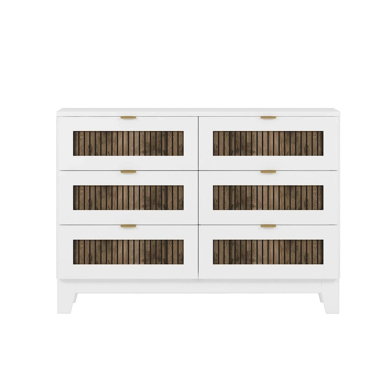 Collection de chambre à coucher 4 pièces, lit plateforme de ferme double avec décoration de bandes en bois, table de chevet et commode de rangement
