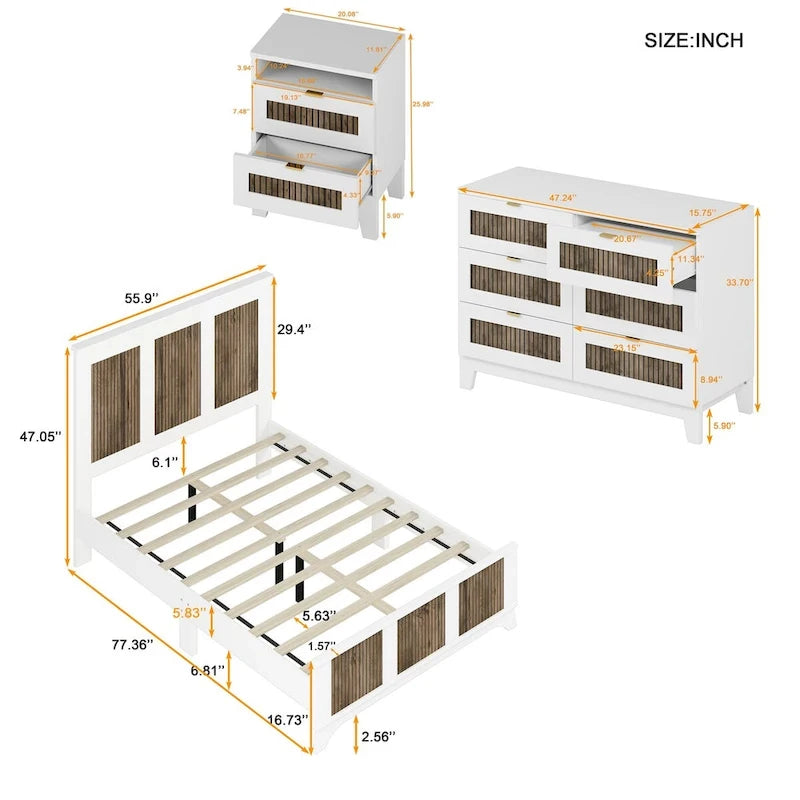 Collection de chambre à coucher 4 pièces, lit plateforme de ferme double avec décoration de bandes en bois, table de chevet et commode de rangement