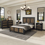 Collection de chambre à coucher 4 pièces, lit plateforme de ferme double avec décoration de bandes en bois, table de chevet et commode de rangement