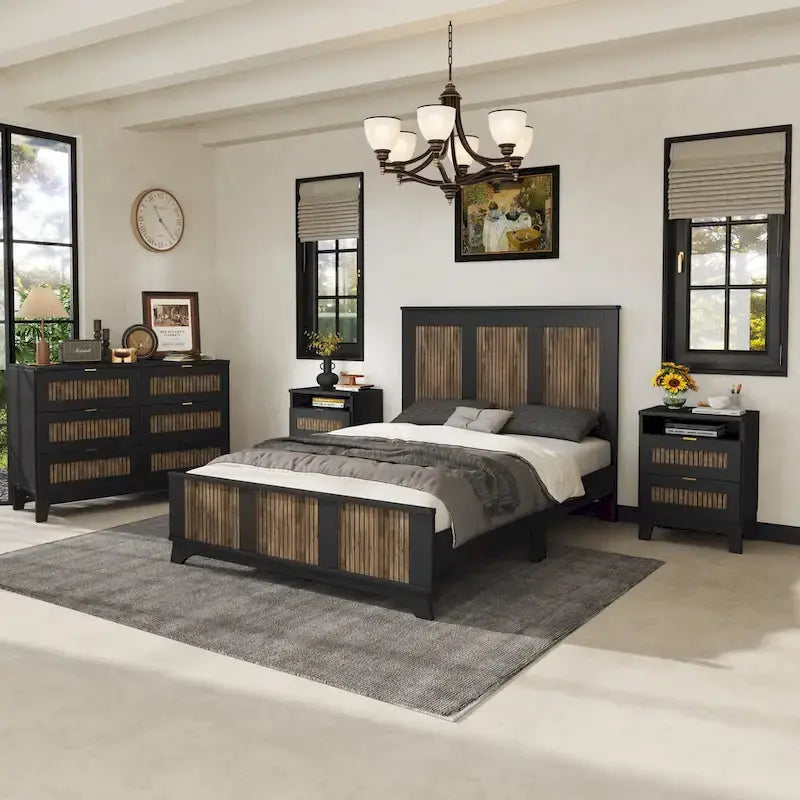 Collection de chambre à coucher 4 pièces, lit plateforme de ferme double avec décoration de bandes en bois, table de chevet et commode de rangement