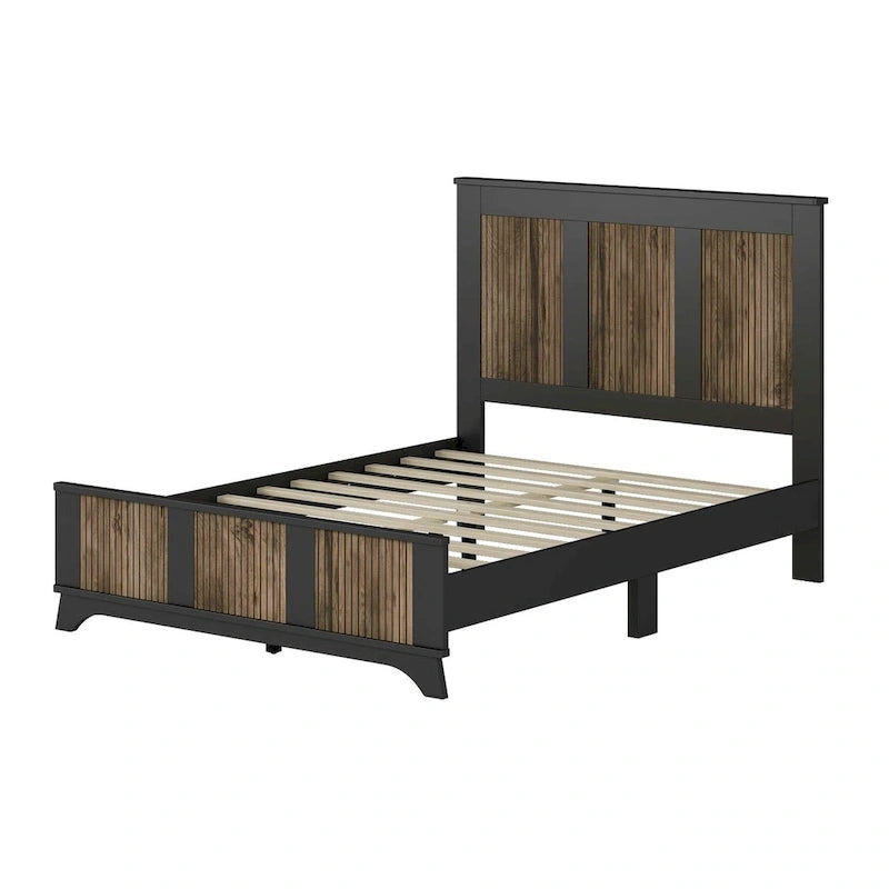 Collection de chambre à coucher 4 pièces, lit plateforme de ferme double avec décoration de bandes en bois, table de chevet et commode de rangement