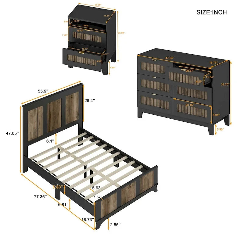 Collection de chambre à coucher 4 pièces, lit plateforme de ferme double avec décoration de bandes en bois, table de chevet et commode de rangement