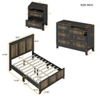 Collection de chambre à coucher 4 pièces, lit plateforme de ferme double avec décoration de bandes en bois, table de chevet et commode de rangement