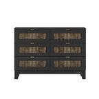 Collection de chambre à coucher 4 pièces, lit plateforme de ferme double avec décoration de bandes en bois, table de chevet et commode de rangement