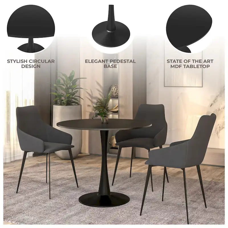 Table à manger ronde Bristol 40 pour 4 personnes avec plateau en bois MDF et base en acier noir, pour cuisine et salle à manger