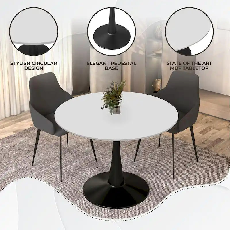 Table à manger ronde Bristol 40 pour 4 personnes avec plateau en bois MDF et base en acier noir, pour cuisine et salle à manger