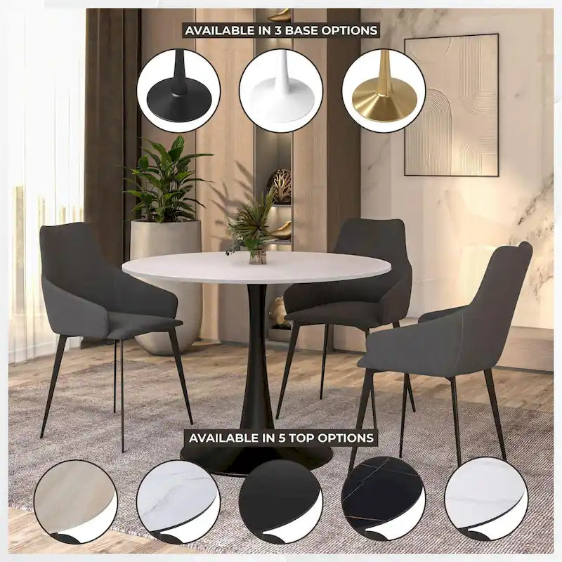 Table à manger ronde Bristol 40 pour 4 personnes avec plateau en bois MDF et base en acier noir, pour cuisine et salle à manger