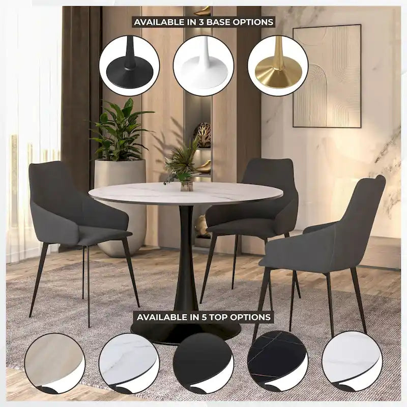 Table à manger ronde Bristol 40 pour 4 personnes avec plateau en bois MDF et base en acier noir, pour cuisine et salle à manger